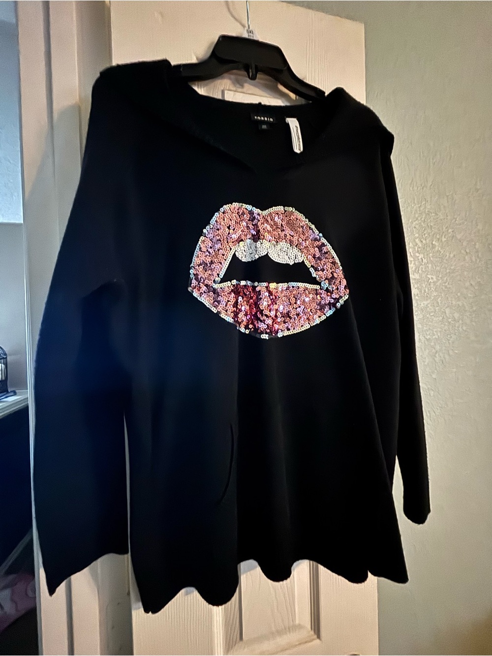 Torrid Black Sequin Lip Cowl Hoodie Sweater